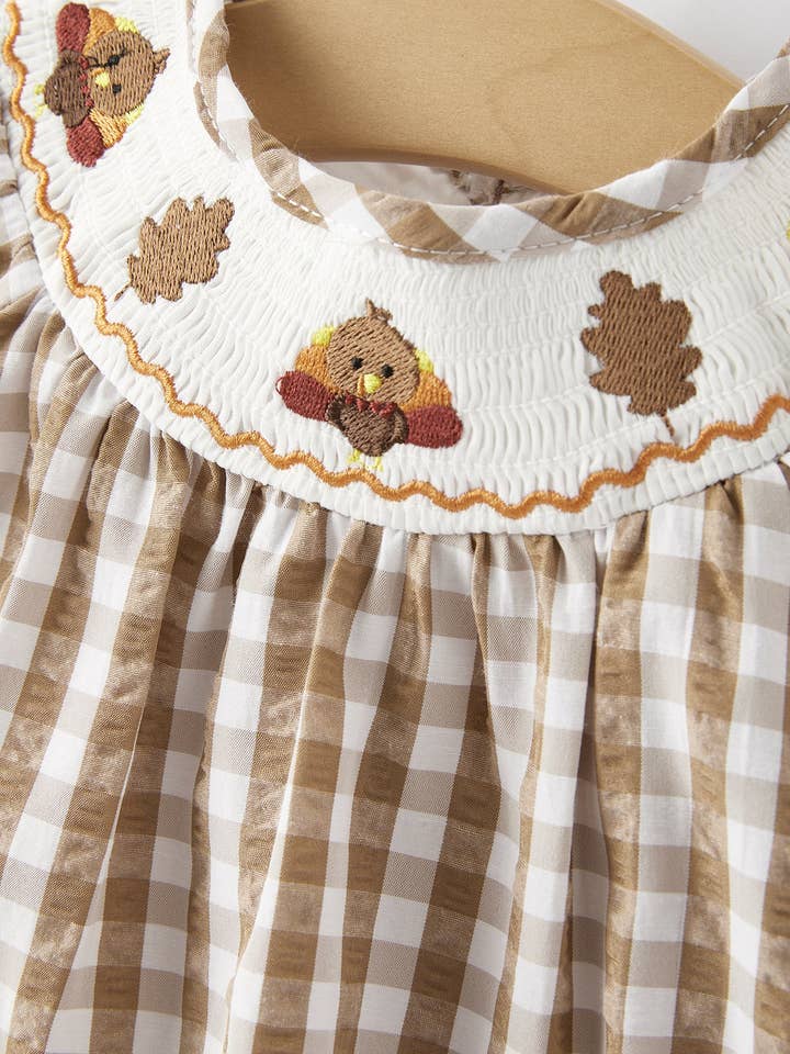 Rylee Faith Designs - Wholesale Bodysuit (Non-Footed) - Baby - Girls Thanksgiving Smocking Embroidered Brown Plaid Romper