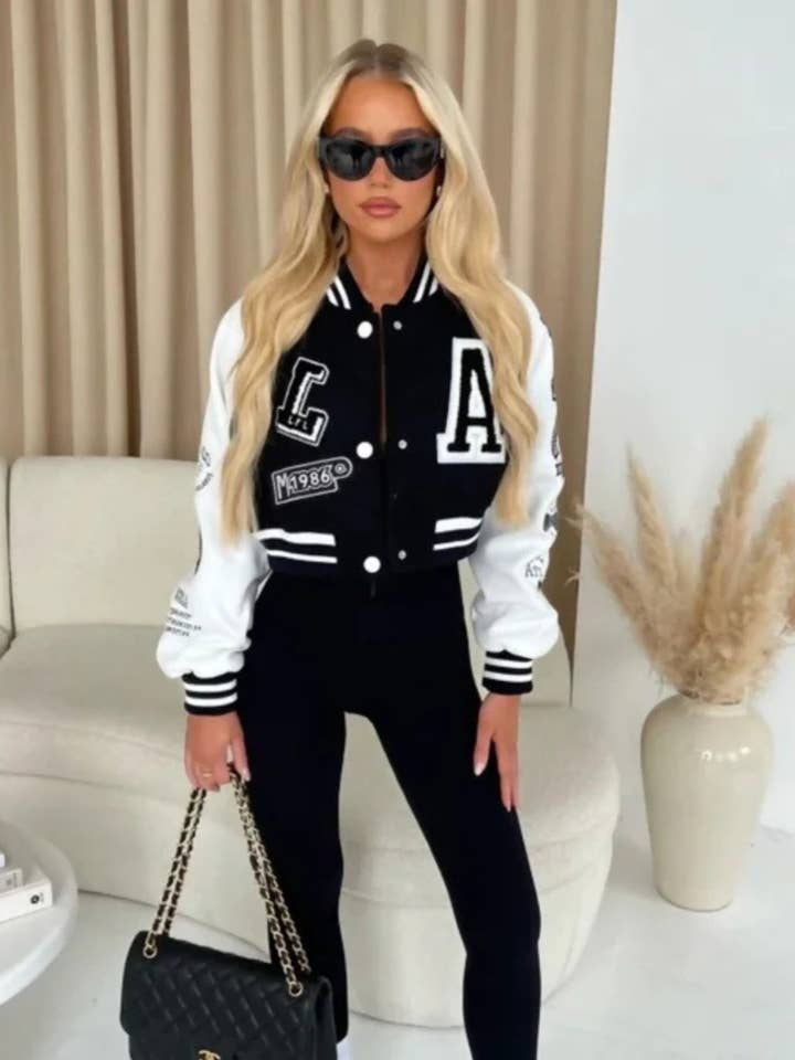 Black Faux Leather Cropped Contrast Graphic Bomber Jacket - Bellara for wholesale by Femme Luxe