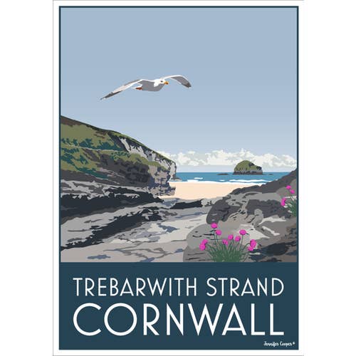 Trebarwith Strand, Cornovaglia | Poster in stile vintage/Art Deco per la vendita all'ingrosso da parte di Jennifer Cooper Designs