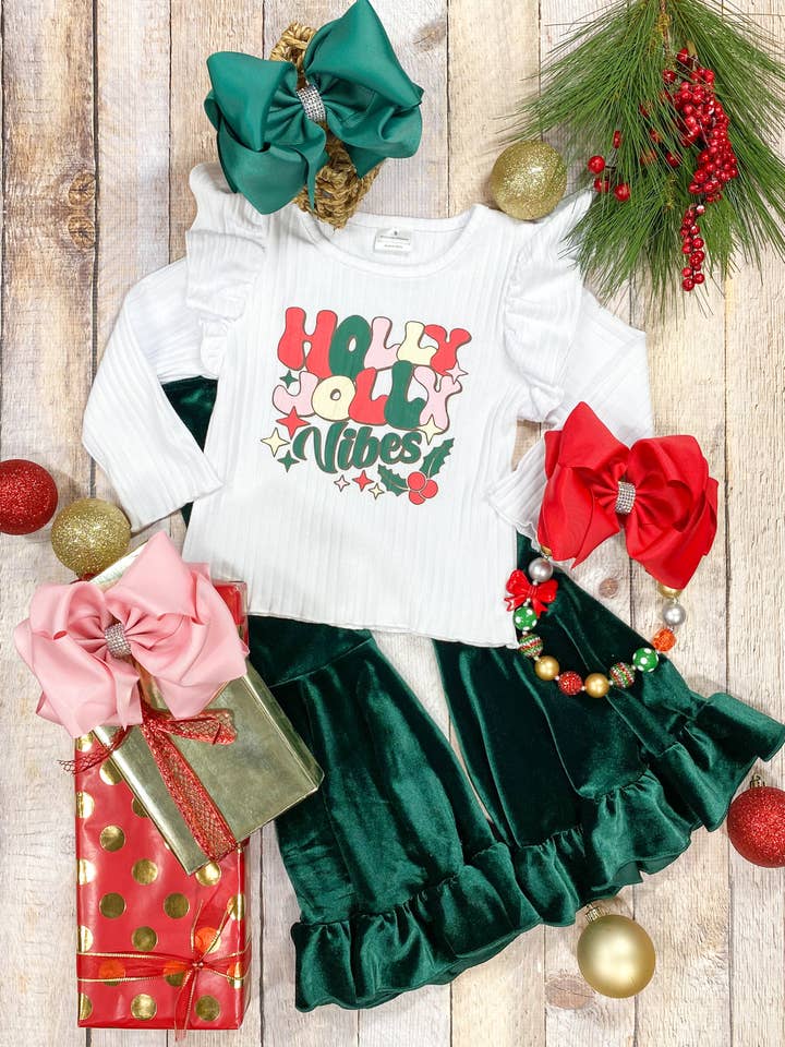 The Hair Bow Company - Wholesale Top & Pant Set - Kids - Holly Jolly & Green Velvet Flare Bell Bottoms Set0