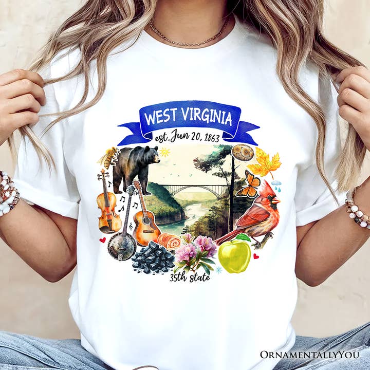 White Artistic West Virginia State Themes and Landmarks T-Shirt for wholesale on Faire1