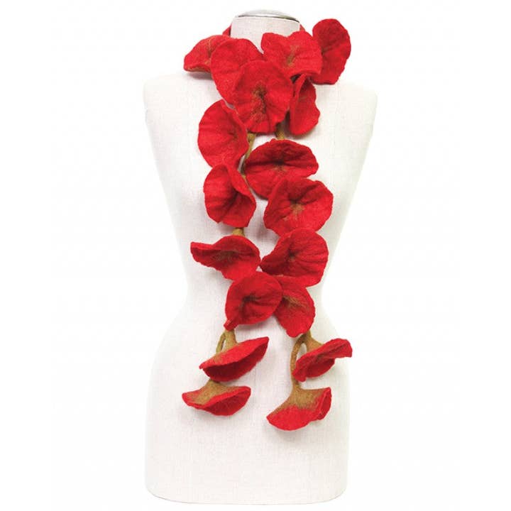 Felted flower scarves- Red/ Olive for wholesale by BNB Crafts Inc.