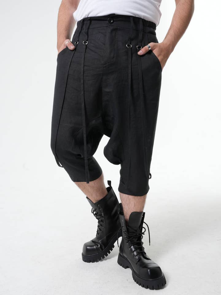 Men's Linen Drop Crotch Pants In Black for wholesale by Metamorphoza