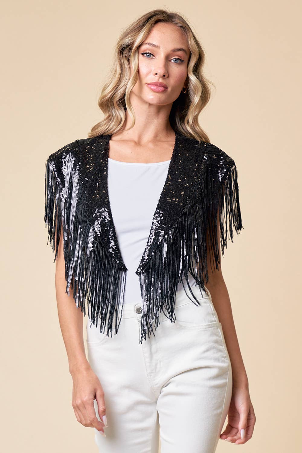 Saints & Hearts – Engroshandel Vest - Dame – SIJ5270A SORT FERIE FRYNSEDE PAILLETTER TRÆK/SJAL1