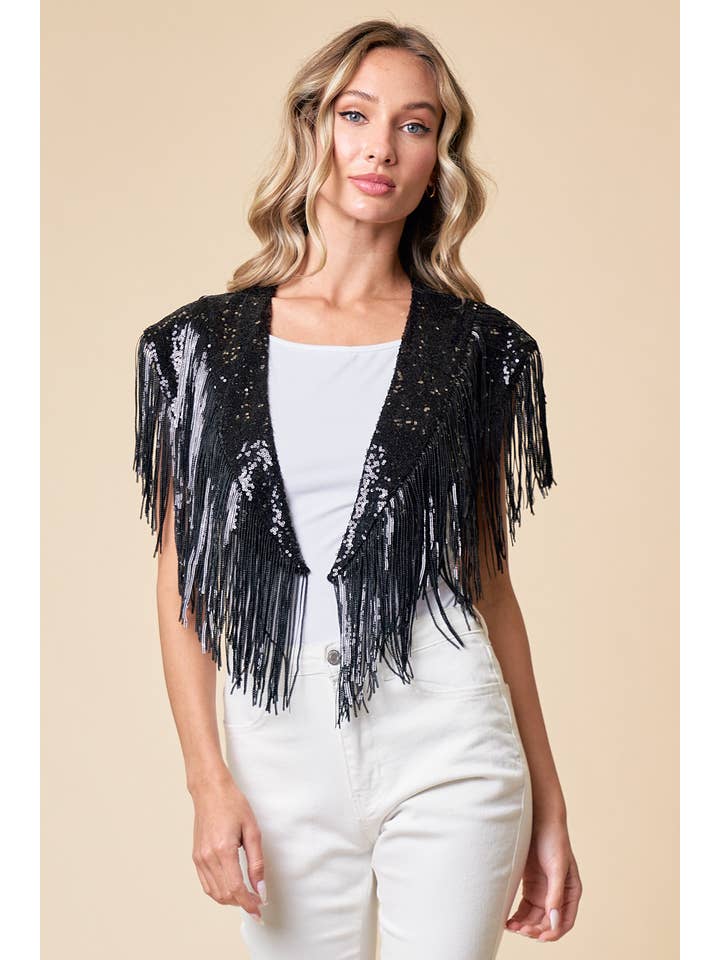 Saints & Hearts - Venta al por mayor Chaleco de abrigo - Mujer - BUFANDA O CHAL NEGRO CON LENTEJUELAS CON FLECOS NAVIDEÑOS, MODELO SIJ5270A1