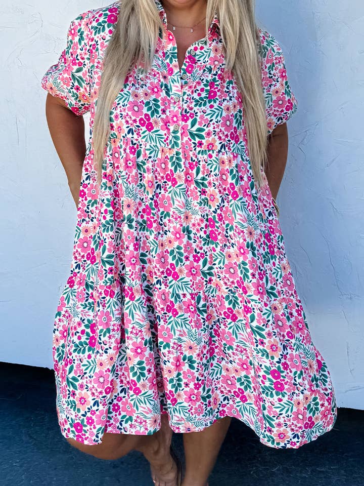 Pink Plus Size Easter Floral Puff Sleeve Button A Line Dress for wholesale on Faire5