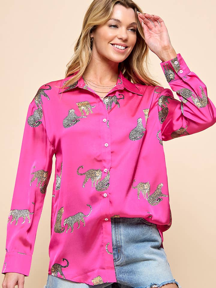Rose Red Cheetah Print Button Up Shirt for wholesale on Faire