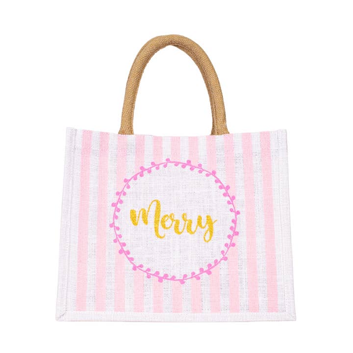 The Royal Standard - Wholesale Gift Bag - Merry Stripe Gift Tote Pink/White/Gold 12x10x8