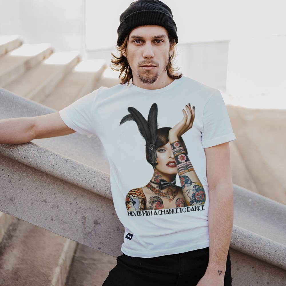 BE HAPPINESS - Wholesale Screen Printed T-Shirt - Unisex - LINDA CABARET WHITE T-SHIRT2