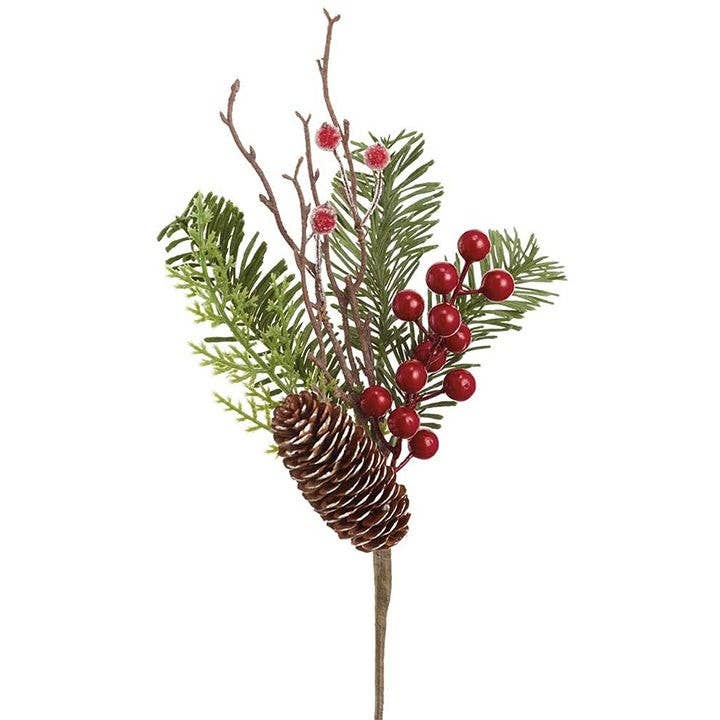 Artificial Pine Pick with Red Berries, Cone & Twigs - 12" for wholesale by Will's Company