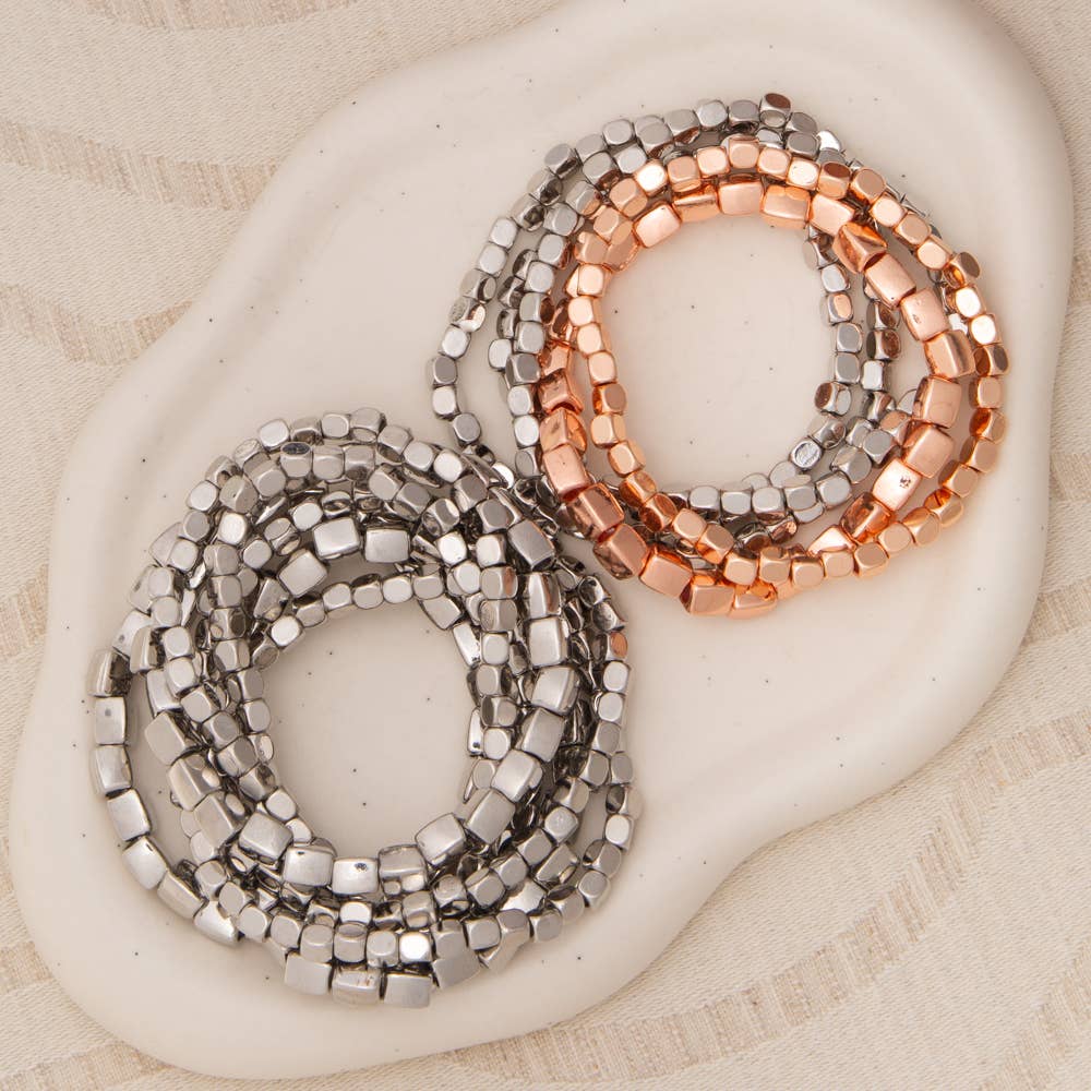 SP Sophia Collection - Wholesale Jewelry Set - Metallic Cube Nugget Bead Bracelet Stack3