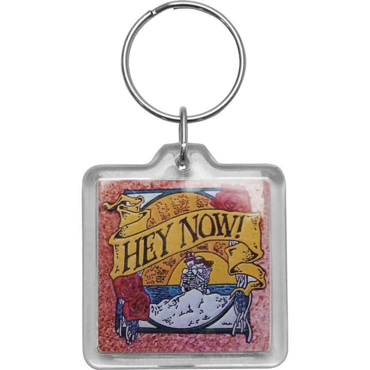 Keychain - "Hey Now!" - Two Skeletons On The Beach - Hippie for wholesale by Square Deal Recordings & Supplies
