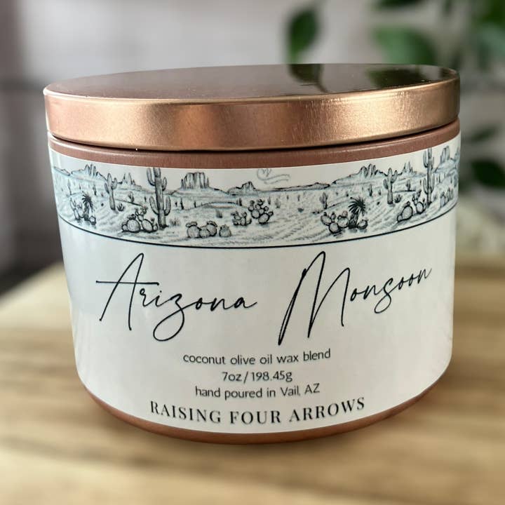 Arizona Monsoon Candle Tin for wholesale by Raising Four Arrows