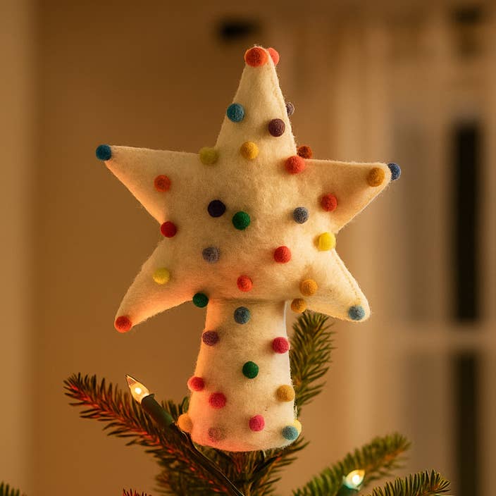 Handmade Felt Pompom Star Christmas Tree Topper Decoration for wholesale by Felt So Good