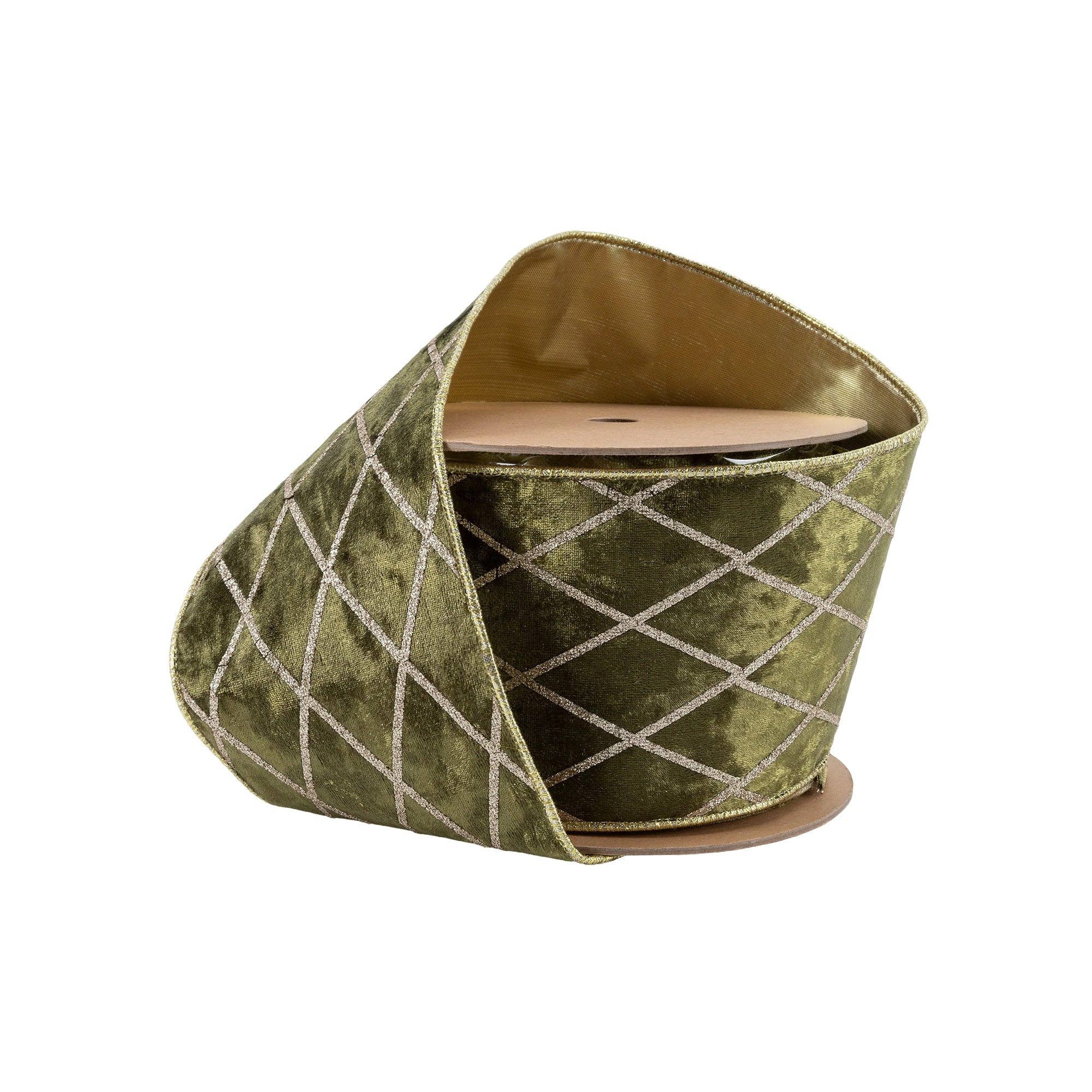 LA Ribbons Wholesale - Wholesale Ribbon - Gift Wrapping - Wired Velvet Ribbon Moss Glittered Diamond 10 Yard Roll