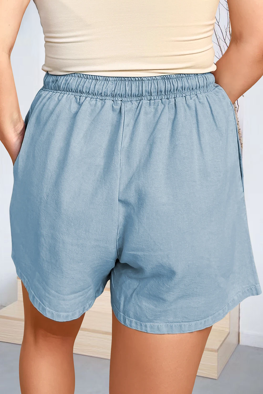 Blue Plus Size Washed Chambray Drawstring Elastic Waist Shorts for wholesale on Faire1