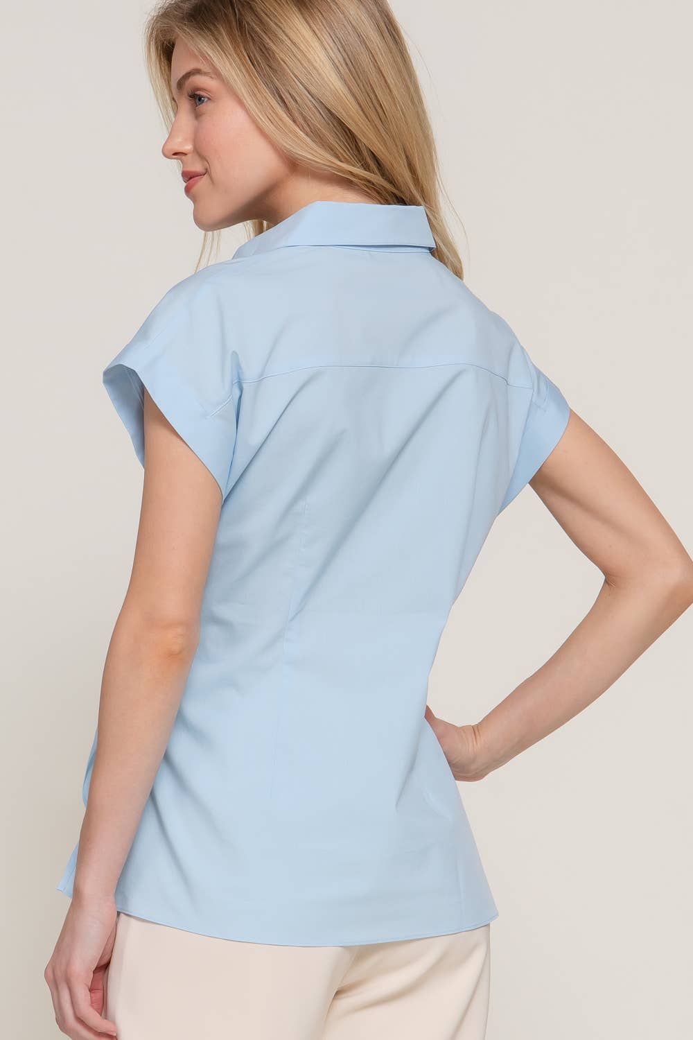 Active Basic | Active USA - Wholesale Button Down Shirt - Women's - Short Dolman Sleeve Button Down Side Knot Poplin Shirt11