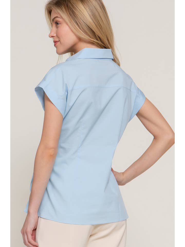 Active Basic | Active USA - Wholesale Button Down Shirt - Women's - Short Dolman Sleeve Button Down Side Knot Poplin Shirt11