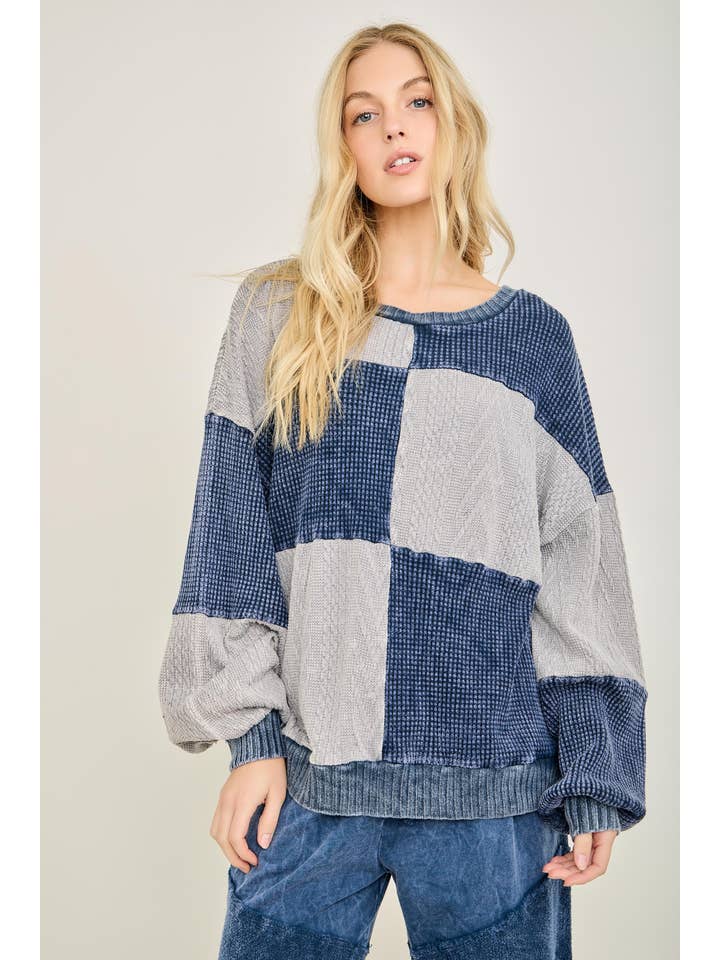 J.Her - Wholesale Knit Sweater - Women's - Mineral Washed Fall Winter Boho block Sweather Top HT679113