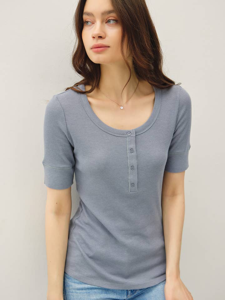 CLASSIC RIBBED COTTON SHORT SLEEVE HENLEY NECK TOP for wholesale by Be Cool