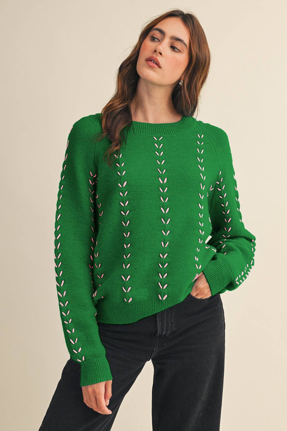 &MERCI - Wholesale Knit Sweater - Women's - EMBROIDERED LONG SLEEVE PULLOVER SWEATER MSW111790