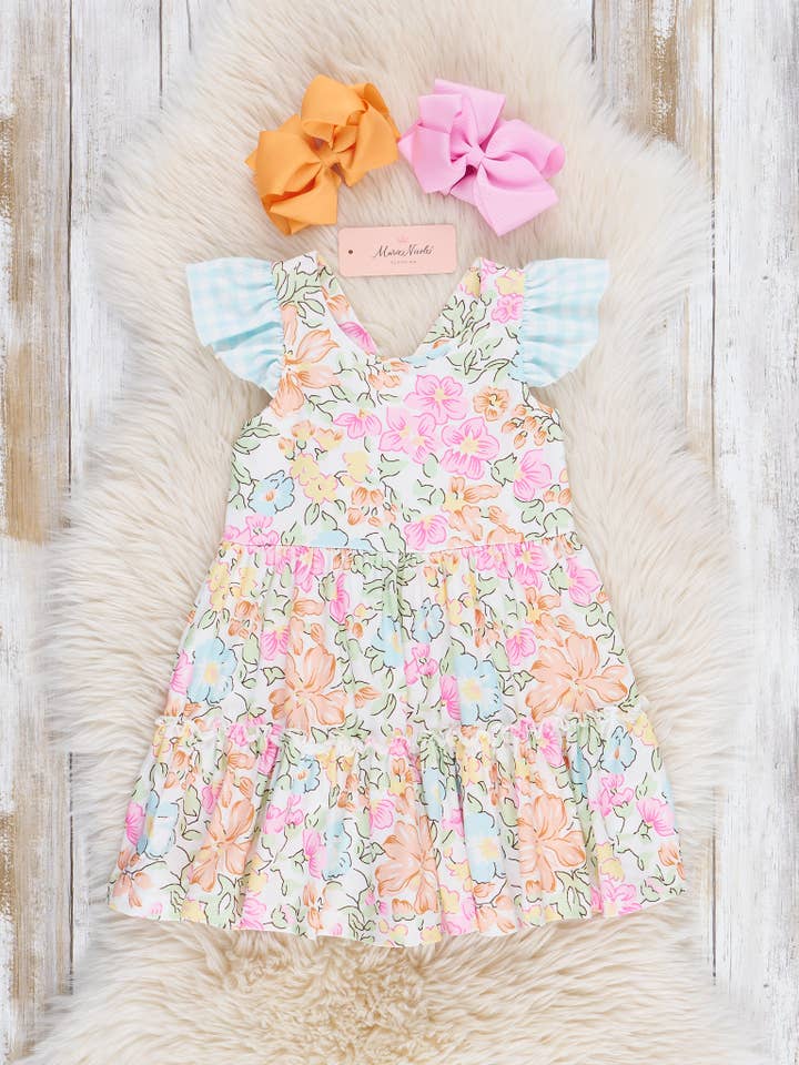 Marie Nicole Clothing - Wholesale Dress - Kids - Flutter Sleeve Tiered Ruffle Dress - Wildflower Doodles