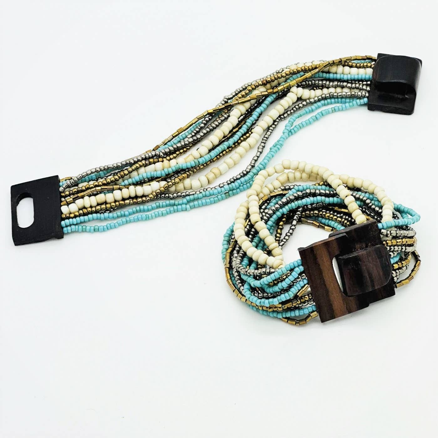 Pink House Imports - Wholesale Beaded Bracelet - Bali Glass Beads Drizzle Bracelet with Mini Wood Buckle2