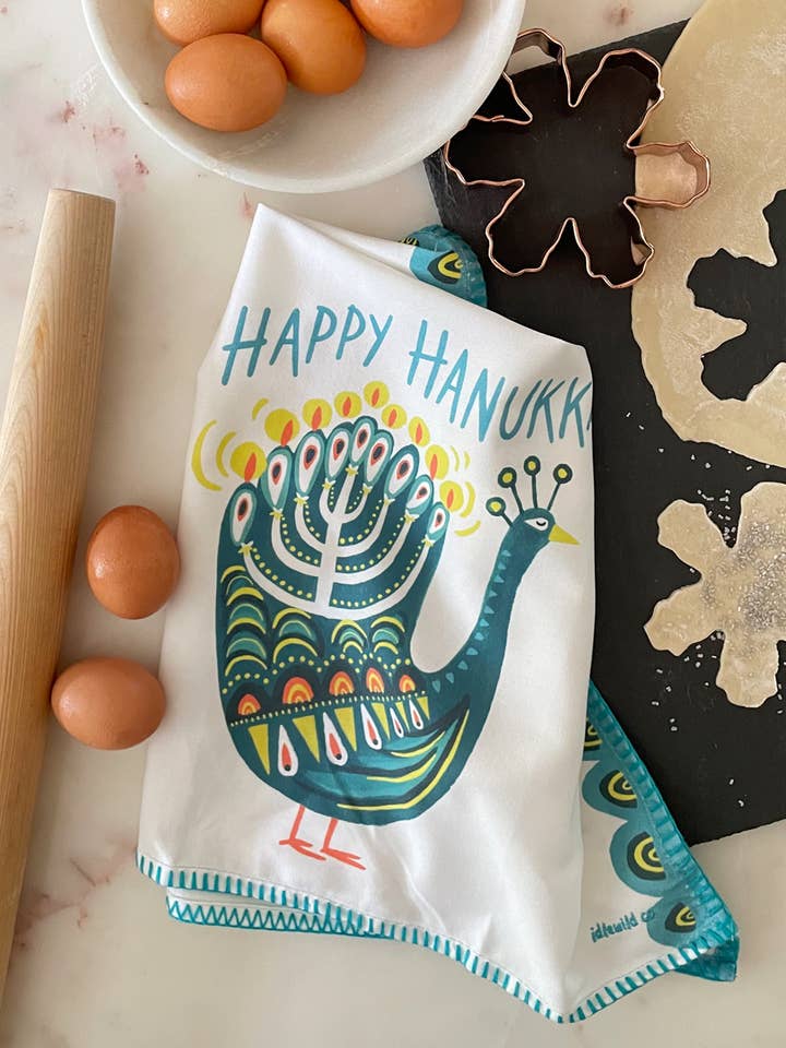 Holiday Tea Towel w/ Embroidered Detail | Peacock Menorah for wholesale by Idlewild Co.