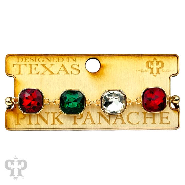 Pink Panache Brands - Wholesale Charm/Dangle Bracelet - Square colorful rhinestone and stretch gold tone bracelet