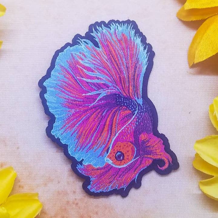 Betta Fish Iron-On Patch Woven 3" x 2.1" for wholesale by Claire Doolittle Illustration