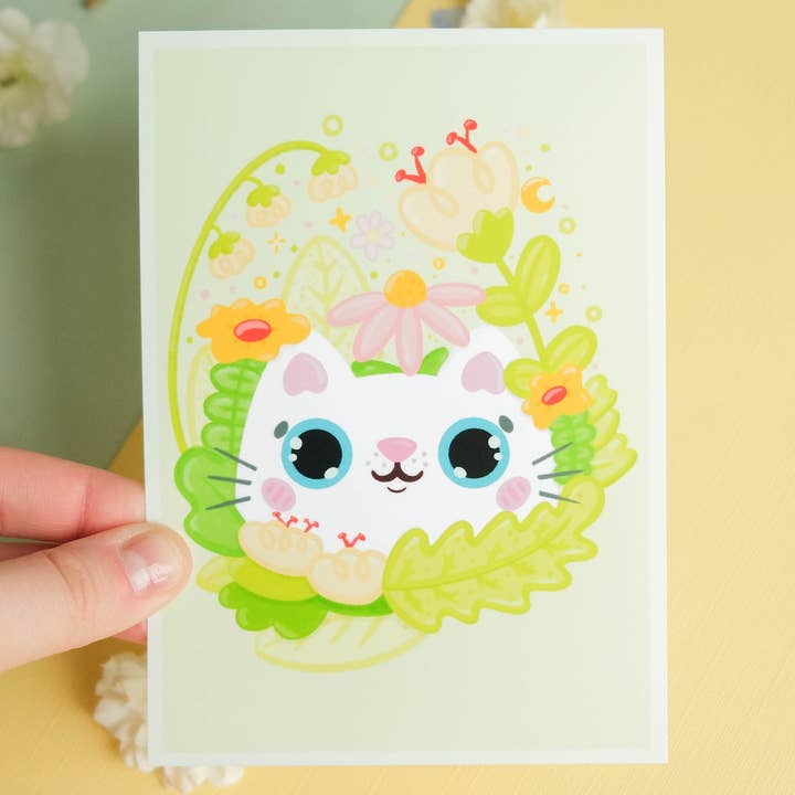 White Cat & Flowers Art Print for wholesale by Sparkles in the Wild