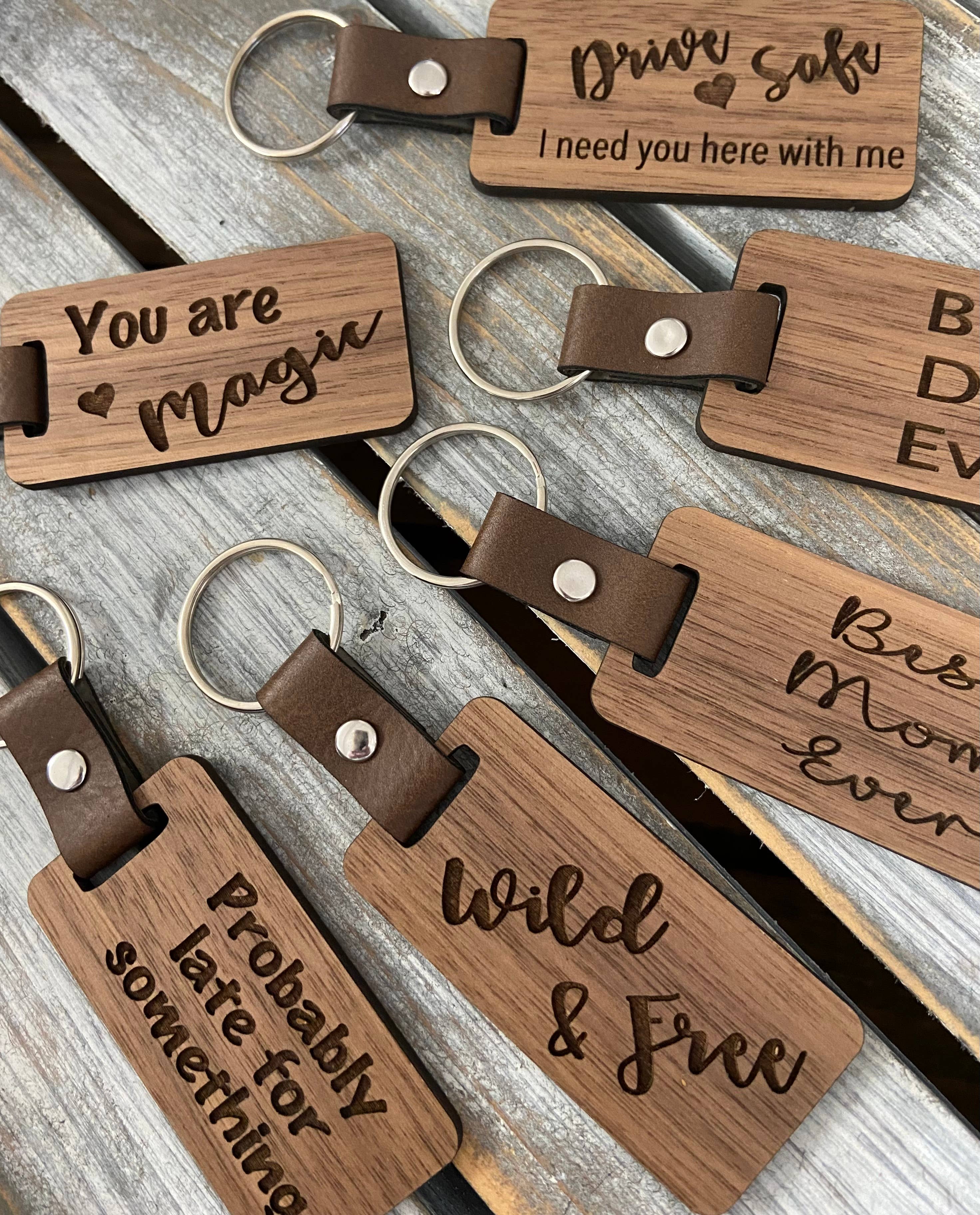 Chickadee Creations - Wholesale Keychain - Unisex - Leather and wood keychains, personalization available1