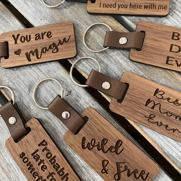 Chickadee Creations - Wholesale Keychain - Unisex - Leather and wood keychains, personalization available1