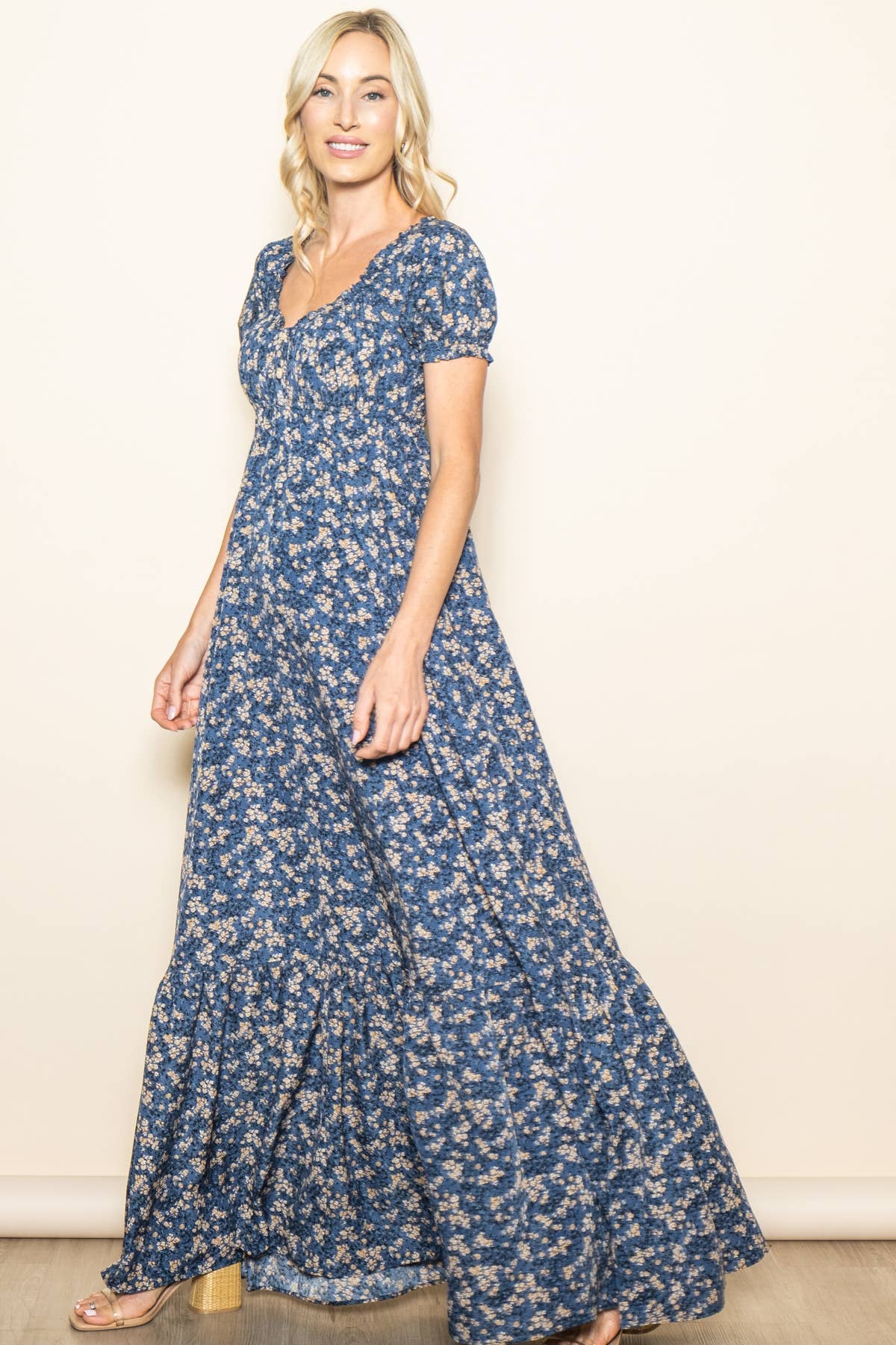 Elloh Collection - Wholesale Dress - Women's - Romantic Puff Sleeve Wide Flare Empire Maxi Dress w Pockets13