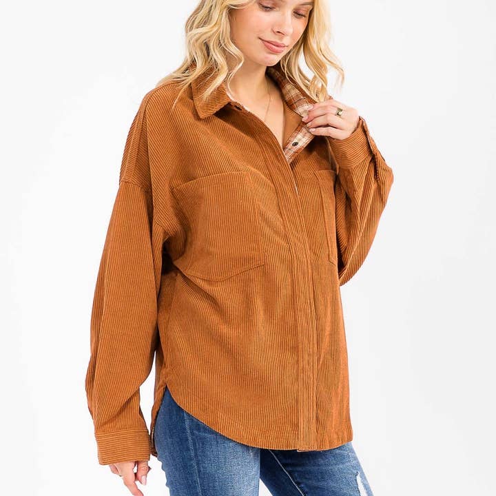37361- Corduroy button-down long-sleeve shacket for wholesale by IWT Brands