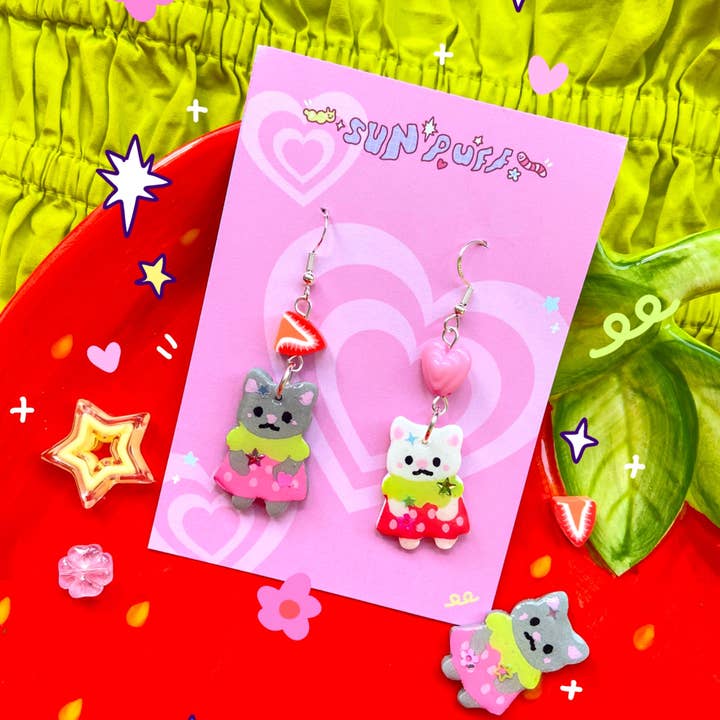 Strawberry Cat Earrings for wholesale by Sun Puff Studios