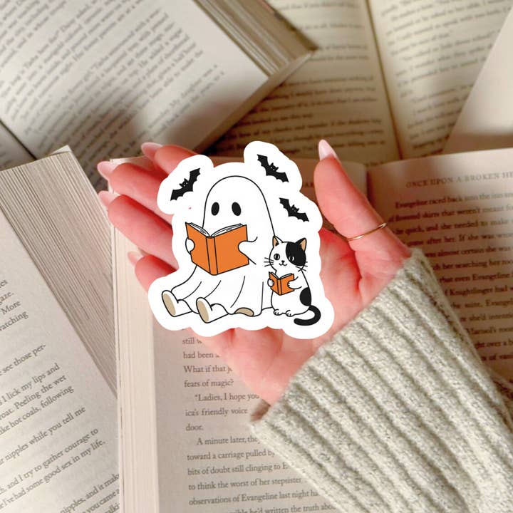 Purely Bookish - Wholesale Sticker - Cute Halloween Ghost Reading WIth Kitty Cat β 3" Waterproof Bookish Sticker with Holo Overlay β Reading, Books, Reader Gift, Book Lover3