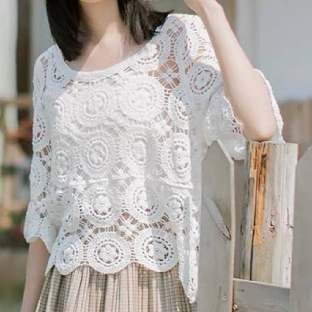 Funkyrel® Atzbranding Limited - Vente Chemisier – femme - Crosa - Haut en dentelle crochetée florale – Blouse légère pour le printemps/été1