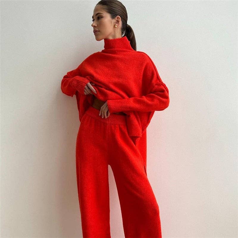 UZ Wholesale Store - Wholesale Lounge Set - Women's - Solid Color High Neck Sweater Knit Long Pants Set1