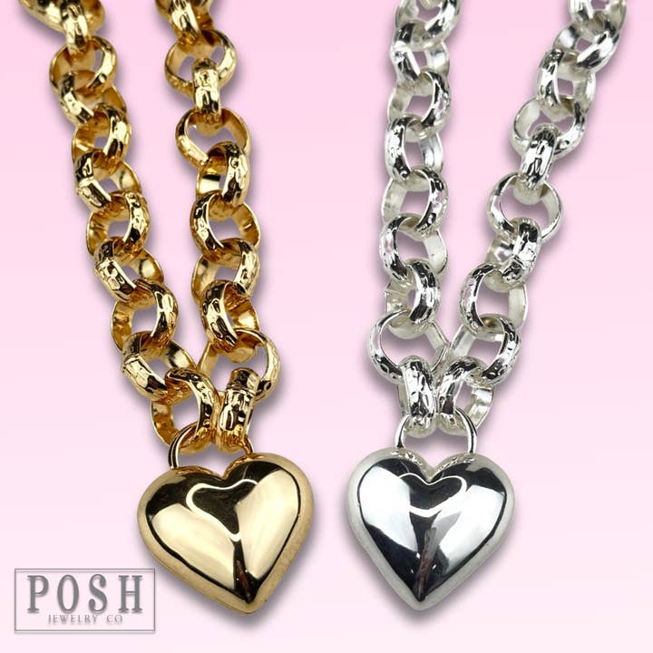 Puffed heart and chunky chain necklace for wholesale by Pink Panache Brands