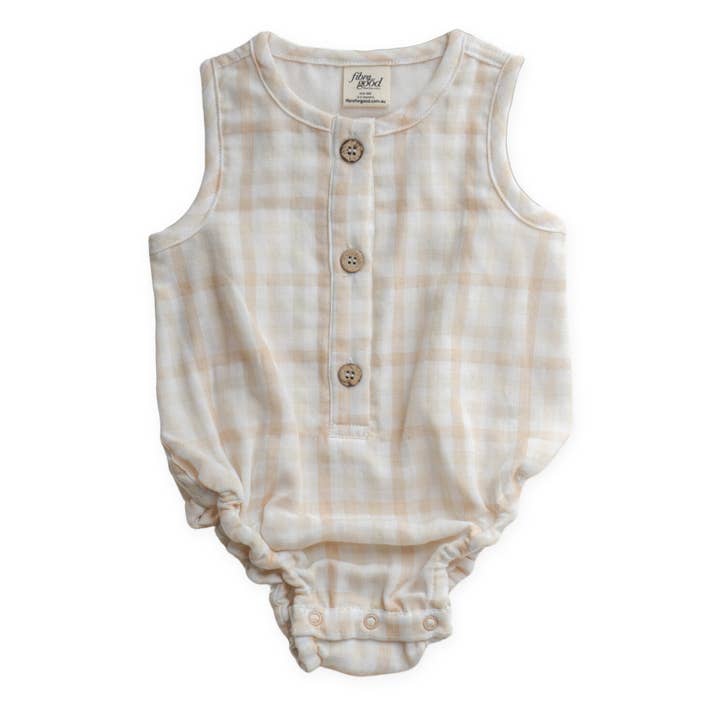 Undyed organic cotton check sleeveless bodysuit for wholesale by Fibre for Good