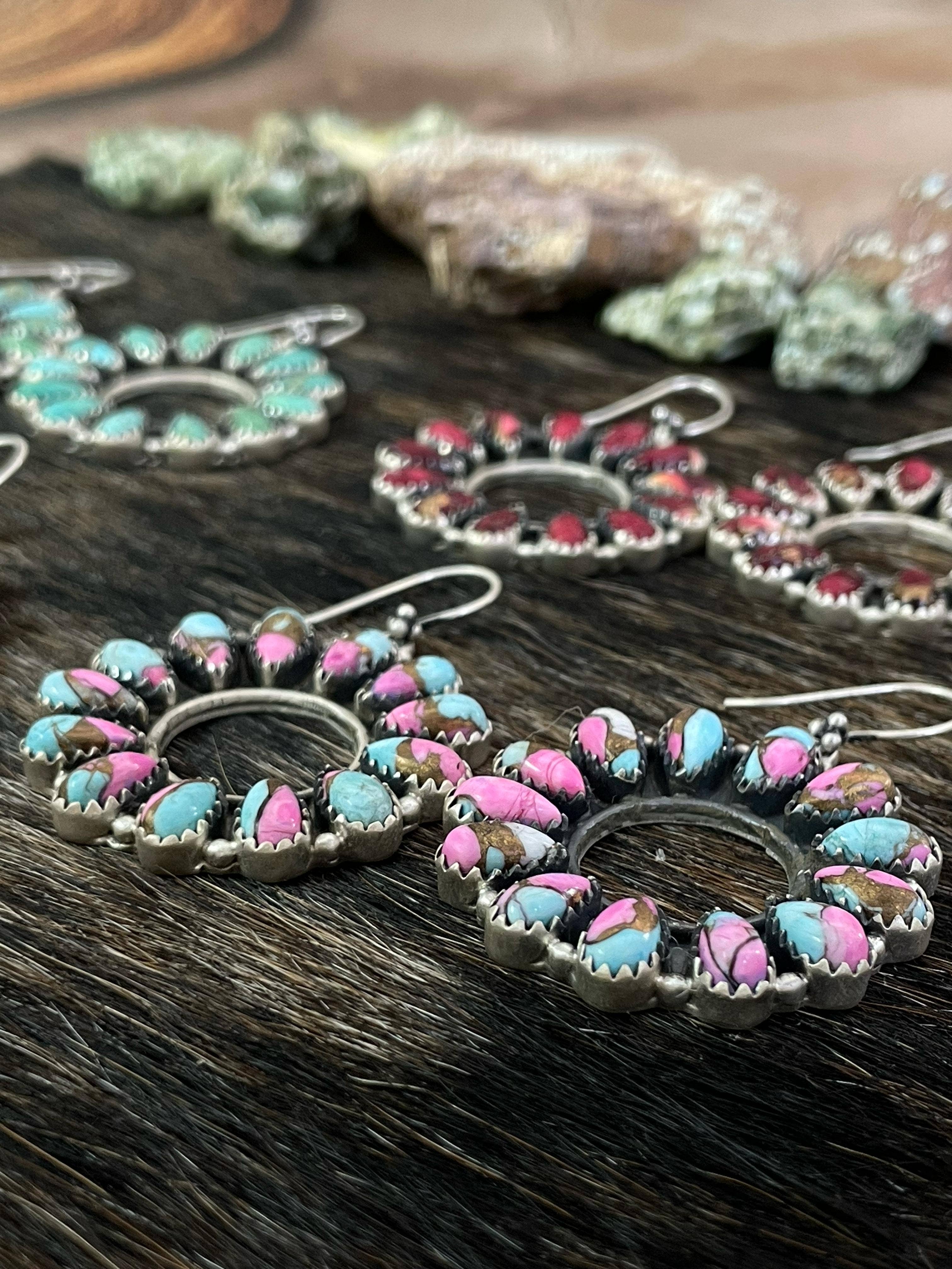 Nizhonitradersllc – wholesale Dangle earrings – Handmade Sterling Silver Cotton Candy, Red Rose Dahlia, White Buffalo, Kingman Turquoise Circle Dangle Earrings with Signed Nizhoni5