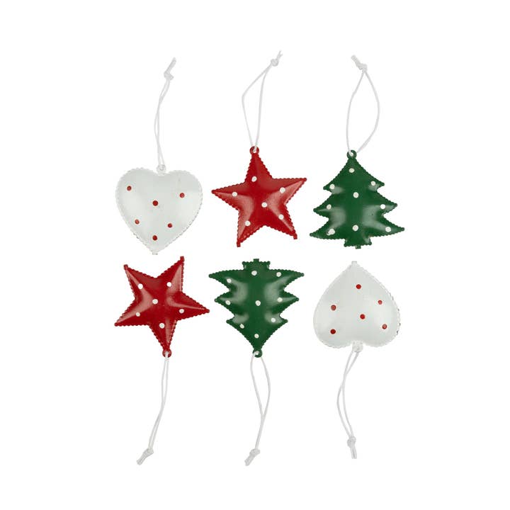 A21674 : Ensemble de 6 ornements mtl étoile/cœur/arbre, rouge/blanc/vert, à pois, 1,5 po pour la vente par Silver Tree Home & Holiday