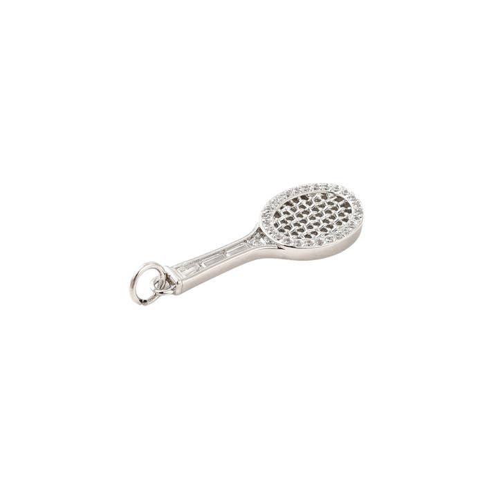The Charm Bar Company - Wholesale Individual Charm/Pendant - Silver Tennis Racket w/ Cubic Zirconia Charm