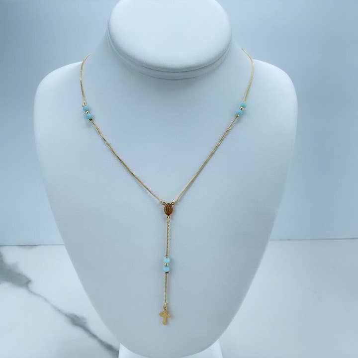DIJU Jewelry - Wholesale Prayer beads necklace - 18k Gold Filled Box Chain and Red or Aqua Beads Details Rosary, Our Lady of Guadalupe, Wholesale Jewelry Making Supplies3