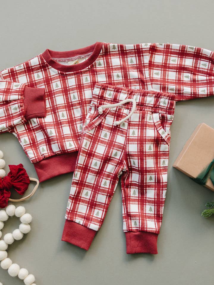 Red Plaid Christmas Tree Jogger Pants for wholesale by Little Joy Co.
