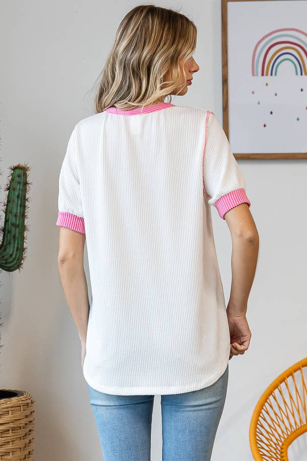 7th Ray - Vendita all'ingrosso Top in maglia - Donna - Top a coste con bottoni a contrasto sul davanti e maniche corte T544920