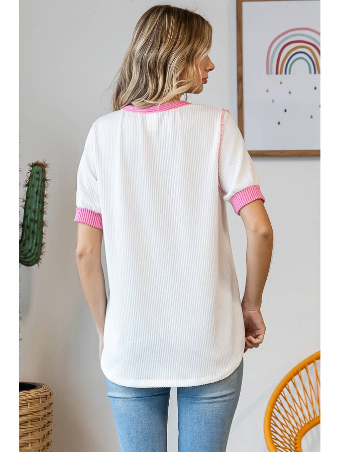 7th Ray - Vendita all'ingrosso Top in maglia - Donna - Top a coste con bottoni a contrasto sul davanti e maniche corte T544920