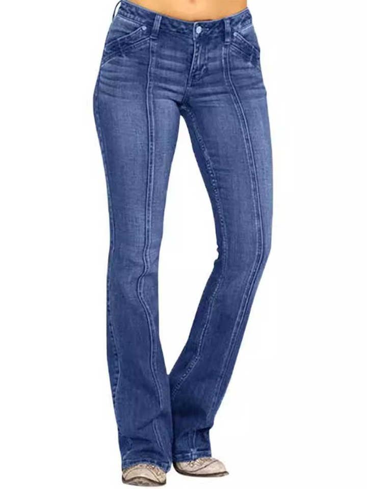 Ladies Button Pocket Flared Leg Denim Pants for wholesale by Sweetkama