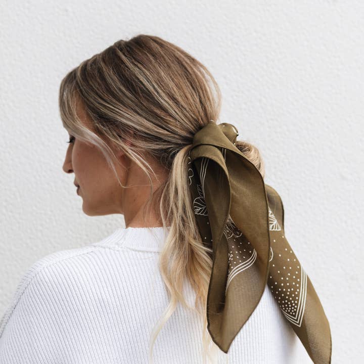 Flora West Design - Wholesale Scarf – Women's - 100% Silk Bandana Scarf - Classic Deep Olive Floral Western1